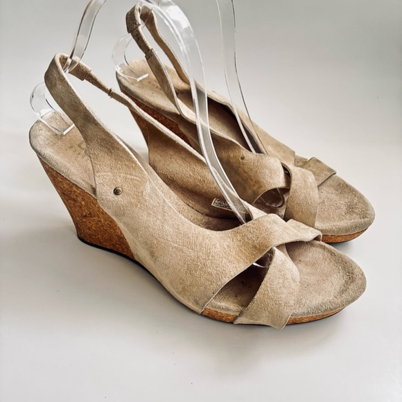 UGG Beige Suede Cork Sandals Wedge Platform Woman’s Shoe Size 9 - Picture 2 of 16